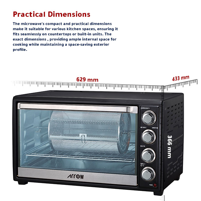 Arrow 60Liter, 2000W, Mini Electric Oven with Rotisserie & Convection & inside lamp, Black,RO-60EOW